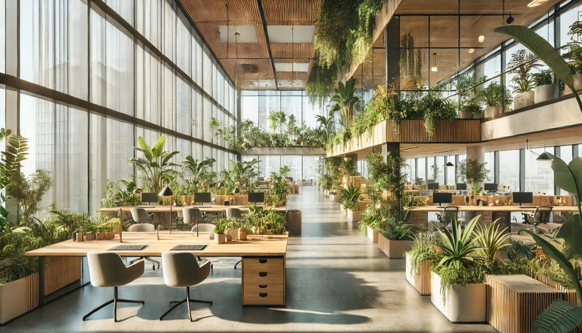 Biophilic office design with natural light and plants for a sustainable workspace.