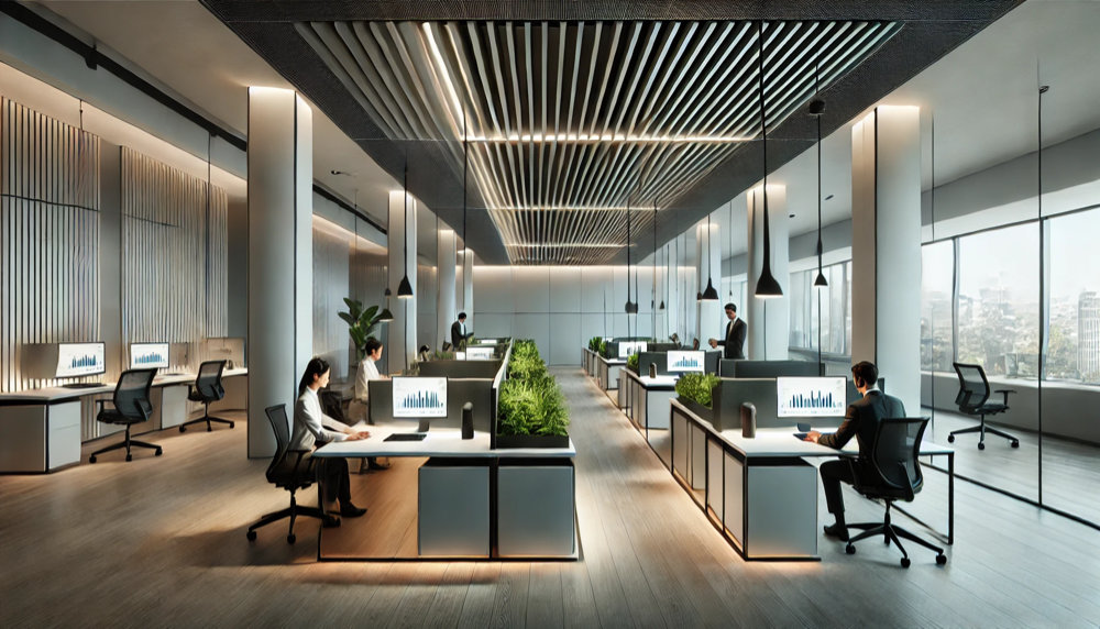 Modern office space with minimalist design, advanced acoustic management, and natural noise reduction elements, creating a calm, productive work environment